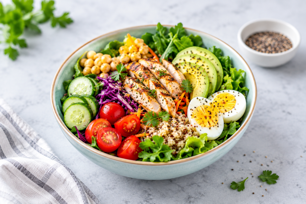 Healthy salad bowl with grilled chicken, avocado, vegetables, eggs and quinoa