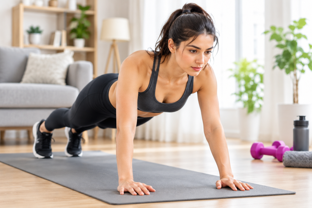 Woman doing a home workout on a yoga mat