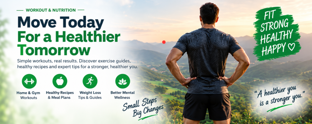 Fitness and wellness banner with yoga mat, water bottle, dumbbell, and green leaves
