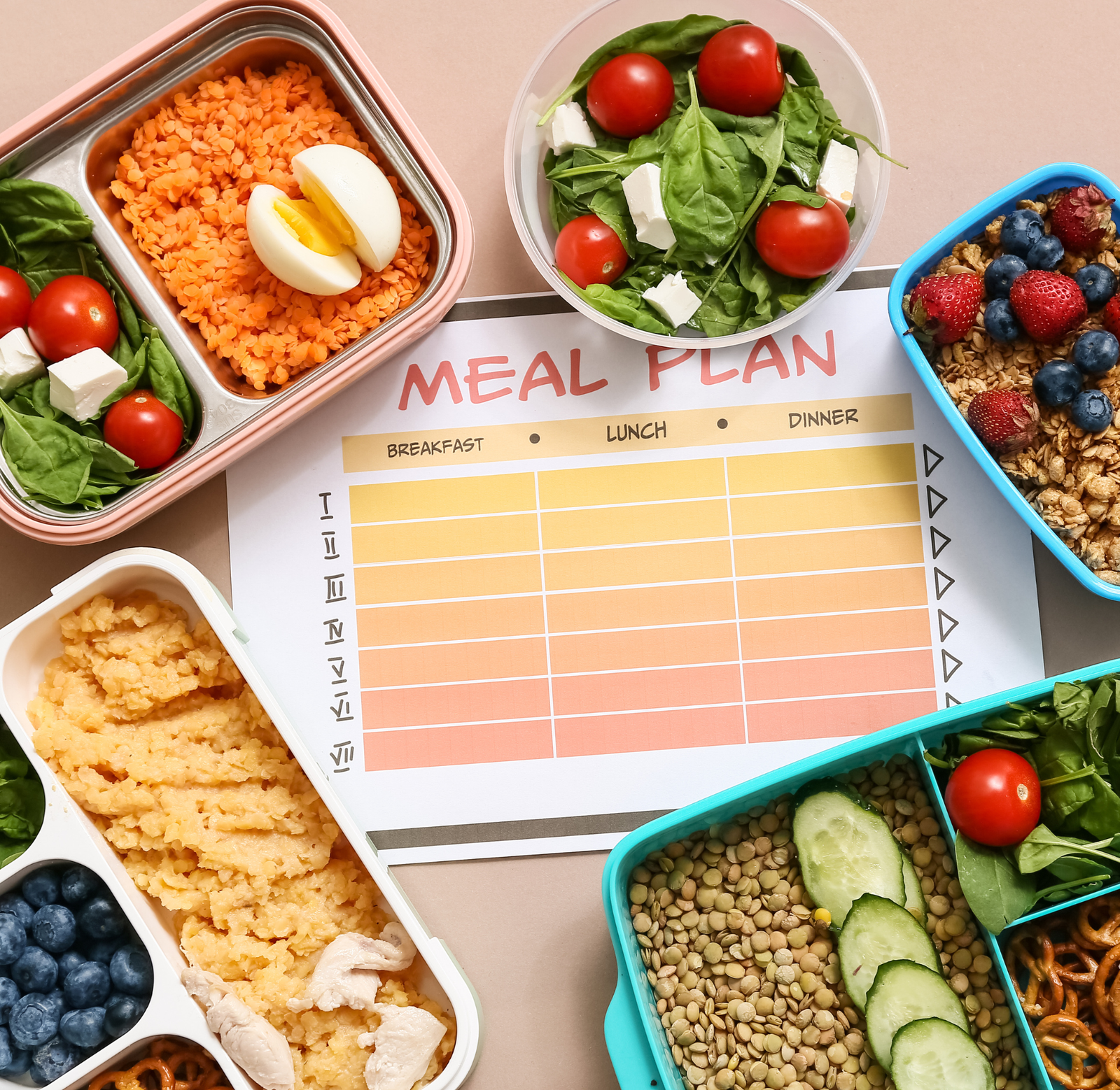 Healthy meal plan with lentils, eggs, salad, fruits, chicken, and nutritious meals